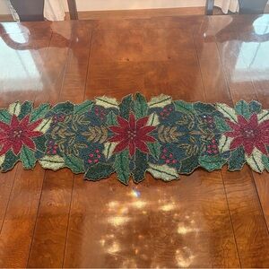 Holiday Poinsettia Beaded Table Runner - Green and Red